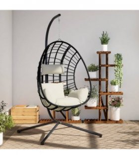vidaXL Hanging Egg Chair with Stand Beige Rattan and Steel