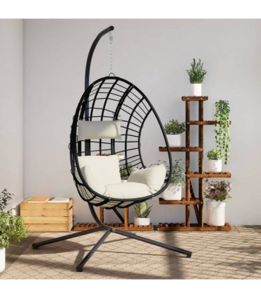 vidaXL Hanging Egg Chair with Stand Beige Rattan and Steel
