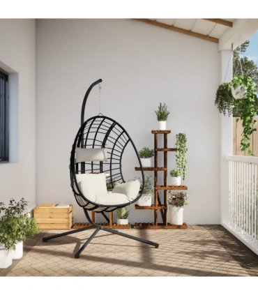 vidaXL Hanging Egg Chair with Stand Beige Rattan and Steel