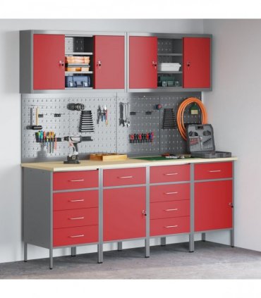 vidaXL Work Cabinet with Drawer 10 pcs Red Engineered Wood and Steel
