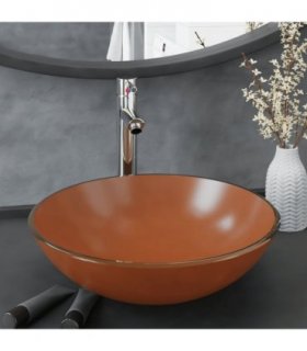 vidaXL Bathroom Sink with Tap and Push Drain Brown Tempered Glass