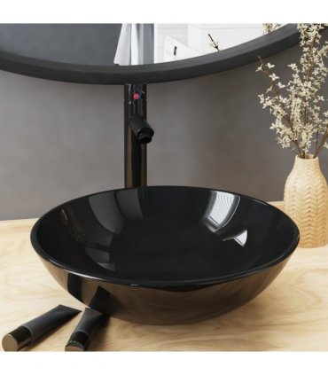 vidaXL Bathroom Sink with Tap and Push Drain Black Tempered Glass