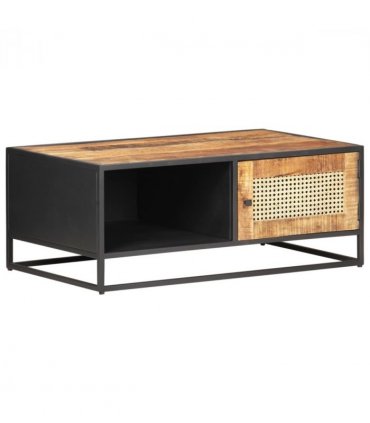 vidaXL Coffee Table 90x50x35 cm Rough Mango Wood and Natural Cane