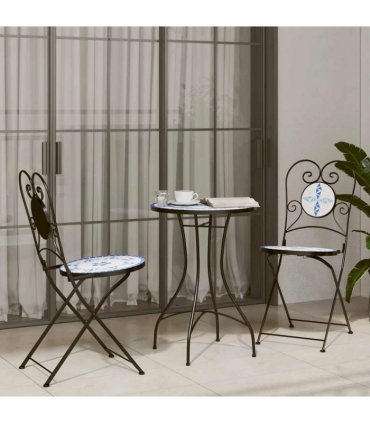vidaXL Mosaic Bistro Set Blue and White Iron and Ceramic