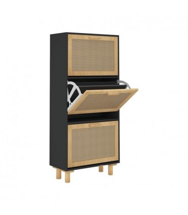 vidaXL Shoe Cabinet Black 52x25x115 cm Engineered Wood&Natural Rattan