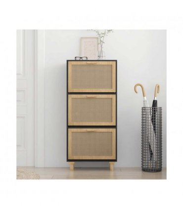 vidaXL Shoe Cabinet Black 52x25x115 cm Engineered Wood&Natural Rattan