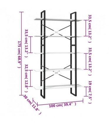 vidaXL 5-Tier Book Cabinet White 100x30x175 cm Pinewood