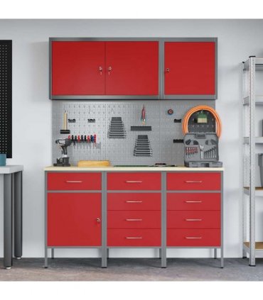 vidaXL Work Cabinet with Drawer 8 pcs Red Engineered Wood and Steel