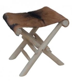 vidaXL Folding Stool Goatskin Leather and Solid Teak Wood