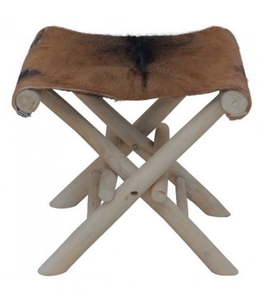 vidaXL Folding Stool Goatskin Leather and Solid Teak Wood