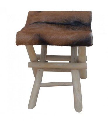 vidaXL Folding Stool Goatskin Leather and Solid Teak Wood