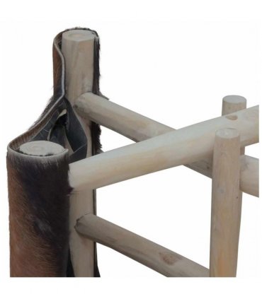 vidaXL Folding Stool Goatskin Leather and Solid Teak Wood