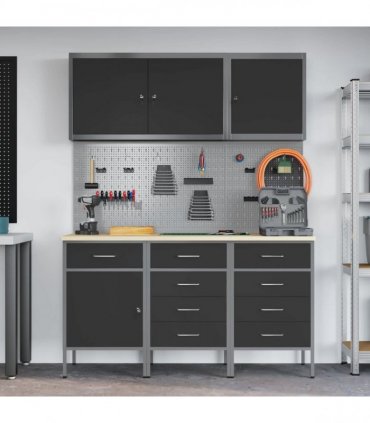 vidaXL Work Cabinet with Drawer 8 pcs Black Engineered Wood and Steel
