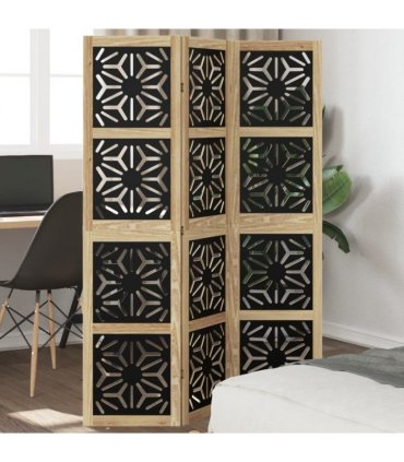 vidaXL Room Divider 3 Panels Brown and Black Solid Wood Paulownia