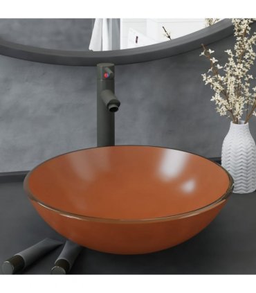 vidaXL Bathroom Sink with Tap and Push Drain Brown Tempered Glass