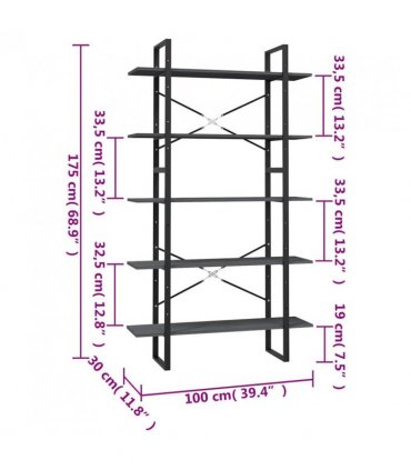 vidaXL 5-Tier Book Cabinet Grey 100x30x175 cm Pinewood