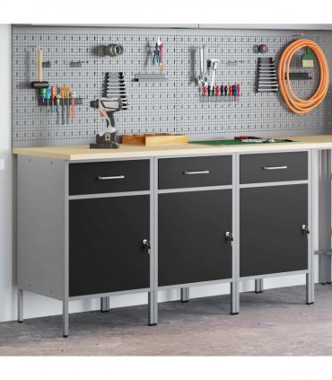 vidaXL Work Cabinet with Drawer 3 pcs Black and Grey 150 x 55 x 85 cm