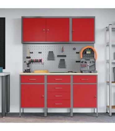 vidaXL Work Cabinet with Drawer 8 pcs Red Engineered Wood and Steel