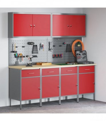 vidaXL Work Cabinet with Drawer 10 pcs Red Engineered Wood and Steel