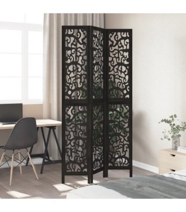vidaXL Room Divider 3 Panels Black Solid Wood Paulownia