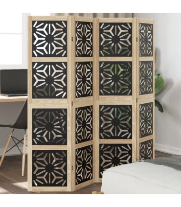 vidaXL Room Divider 4 Panels Brown and Black Solid Wood Paulownia