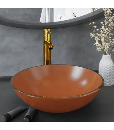 vidaXL Bathroom Sink with Tap and Push Drain Brown Tempered Glass