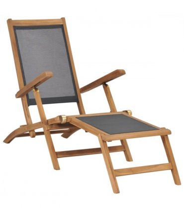 vidaXL Deck Chair | Black | Solid Teak Wood | 152 cm x 60 cm x 90 cm | Foldable