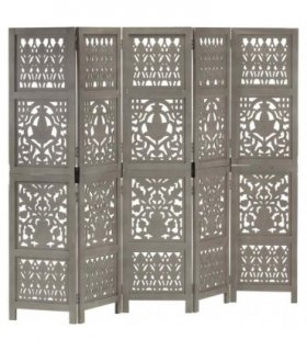vidaXL Hand Carved 5-Panel Room Divider Grey 200x165 cm Solid Mango Wood