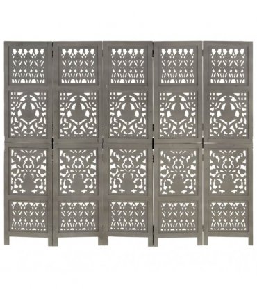 vidaXL Hand Carved 5-Panel Room Divider Grey 200x165 cm Solid Mango Wood