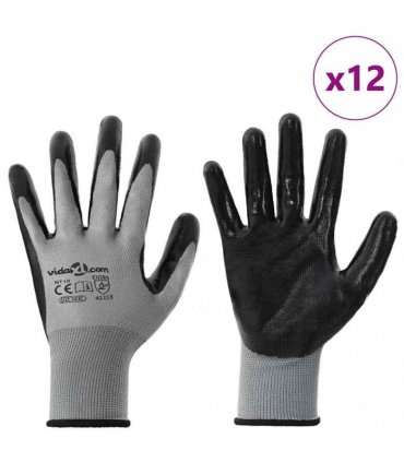 vidaXL Work Gloves 12 pcs Grey and Black 10 / XL Polyester