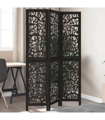 vidaXL Room Divider 3 Panels Black Solid Wood Paulownia