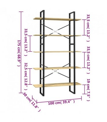 vidaXL 5-Tier Book Cabinet 100x30x175 cm Pinewood