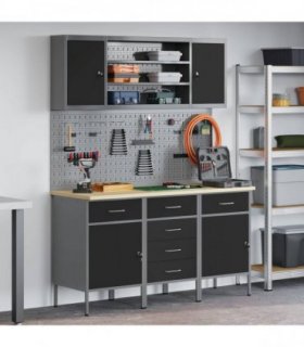 vidaXL Work Cabinet with Drawer 7 pcs Black Engineered Wood and Steel