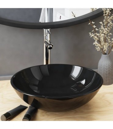 vidaXL Bathroom Sink with Tap and Push Drain Black Tempered Glass