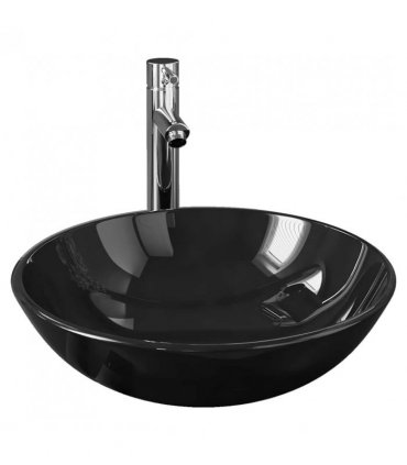 vidaXL Bathroom Sink with Tap and Push Drain Black Tempered Glass