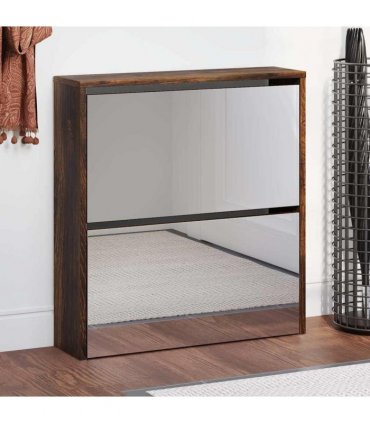 vidaXL Shoe Cabinet with Mirror 2-Layer Smoked Oak 63x17x67 cm