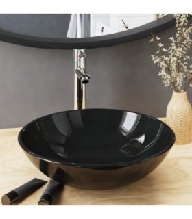 vidaXL Bathroom Sink with Tap and Push Drain Black Tempered Glass