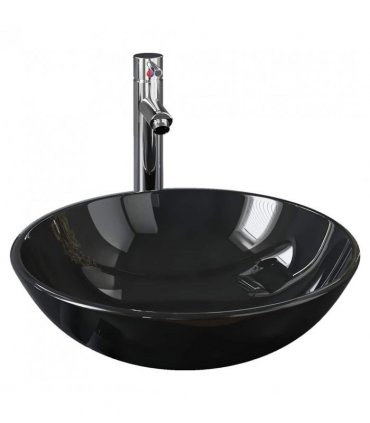 vidaXL Bathroom Sink with Tap and Push Drain Black Tempered Glass