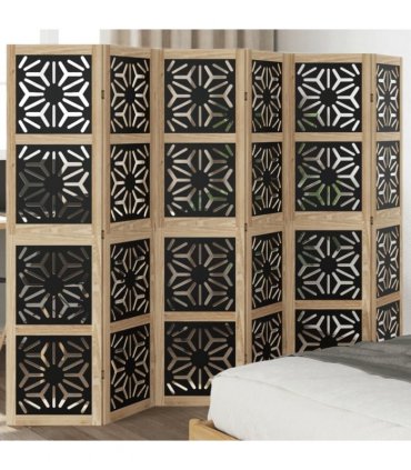 vidaXL Room Divider 6 Panels Brown and Black Solid Wood Paulownia