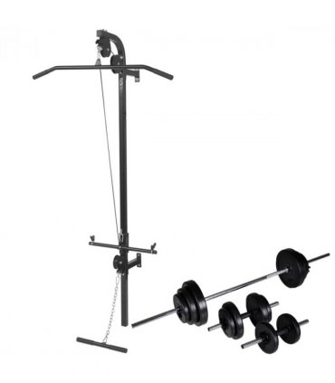 vidaXL Wall-mounted Power Tower with Barbell and Dumbbell Set 30.5 kg