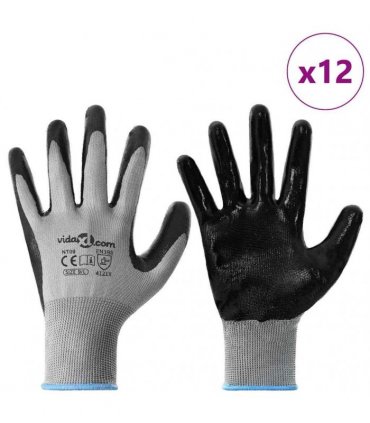 vidaXL Work Gloves 12 pcs Grey and Black 9 / L Polyester