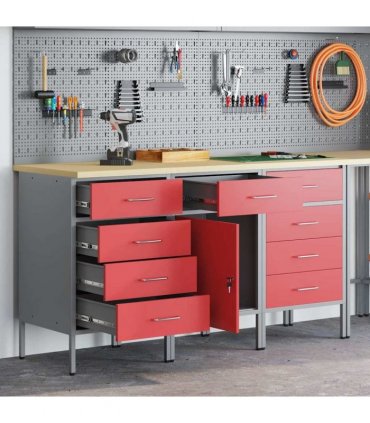 vidaXL Work Cabinet with Drawer 3 pcs Red and Grey 150 x 55 x 85 cm