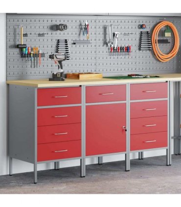 vidaXL Work Cabinet with Drawer 3 pcs Red and Grey 150 x 55 x 85 cm