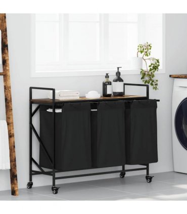 vidaXL Laundry Basket 3 Compartments with Wheels Smoked Oak