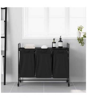 vidaXL Laundry Basket 3 Compartments with Wheels Black Oak