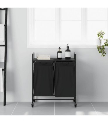 vidaXL Laundry Basket 2 Compartments with Wheels Black Oak
