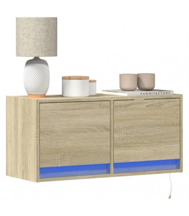 vidaXL TV Wall Cabinet with LED Lights Sonoma Oak 80x31x35 cm