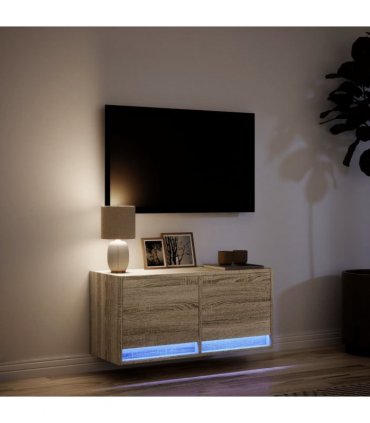 vidaXL TV Wall Cabinet with LED Lights Sonoma Oak 80x31x35 cm