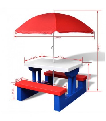 vidaXL Kids' Picnic Table with Benches and Parasol Multicolour