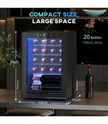 Freestanding Wine Cooler Fridge with Glass Door, 20 Bottle, LED Light